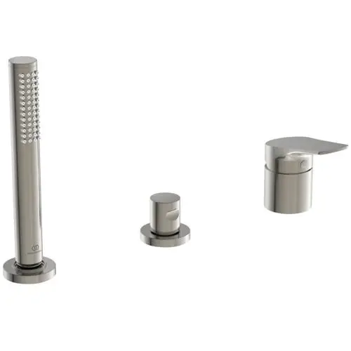 Badarmatur von Ideal Standard mit zwei Bedienelementen, einschließlich einer Handbrause, für den Wannenrand, in einer modernen Edelstahl-Optik.